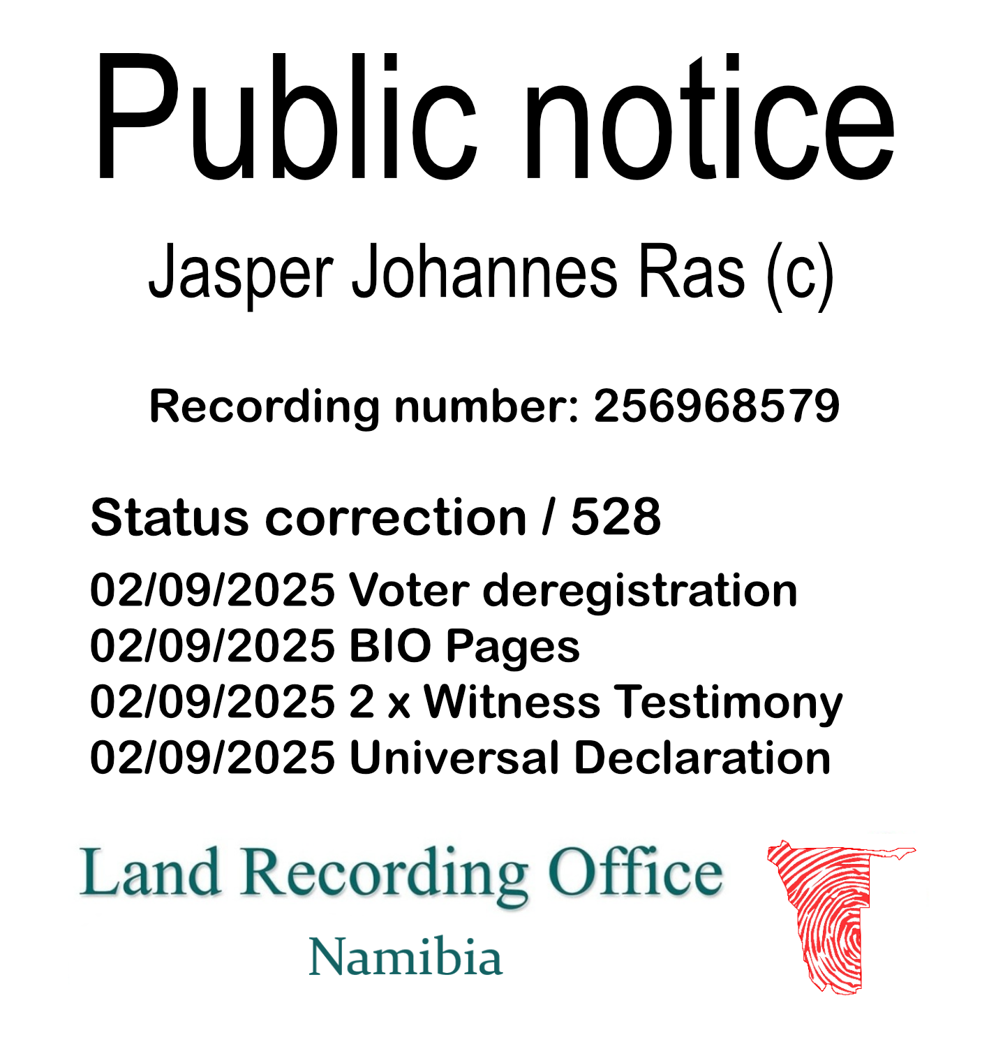 Public Notice Jasper Johannes Ras Recording Number 256968579